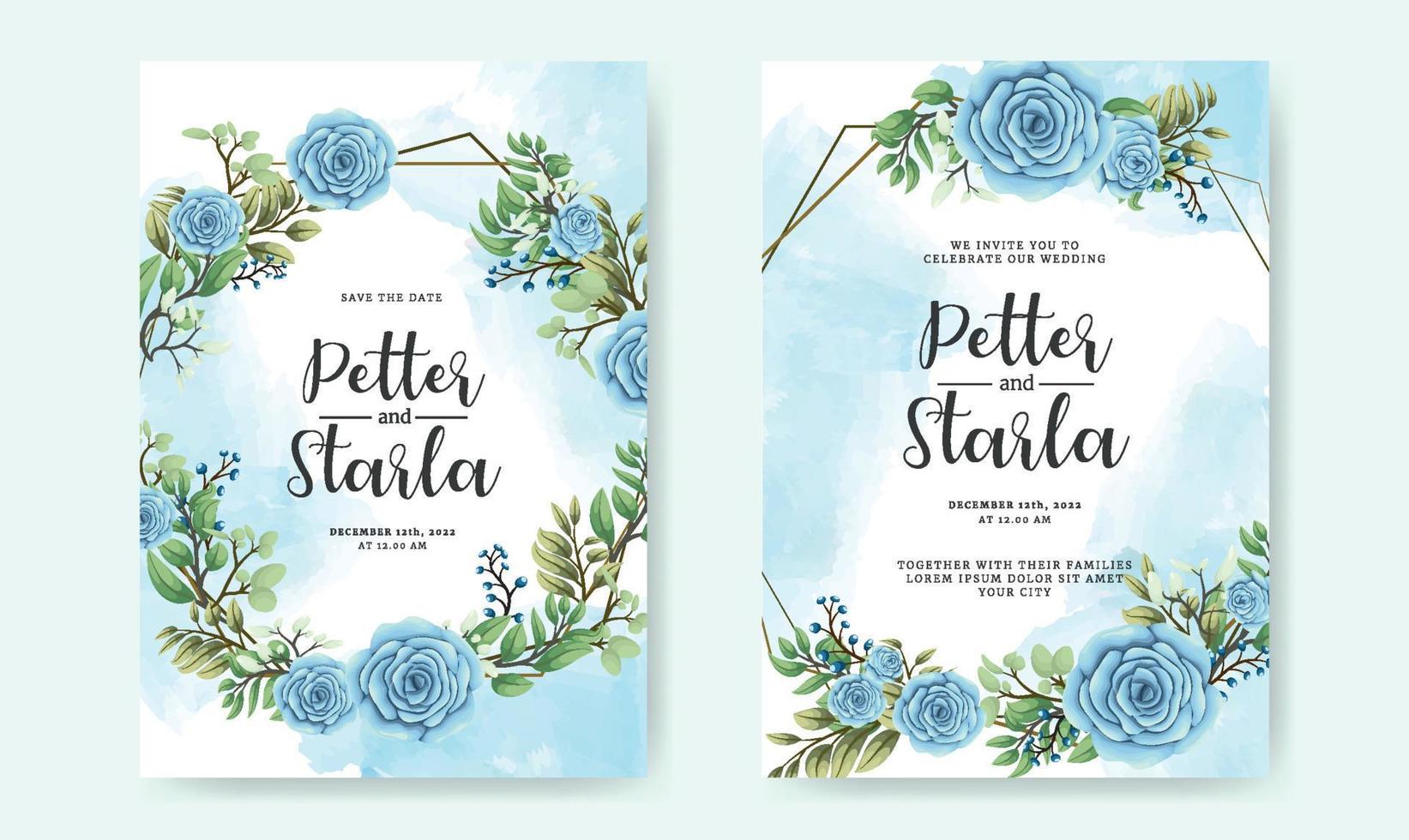 bellissimo set di biglietti d'invito per matrimonio con rose blu vettore