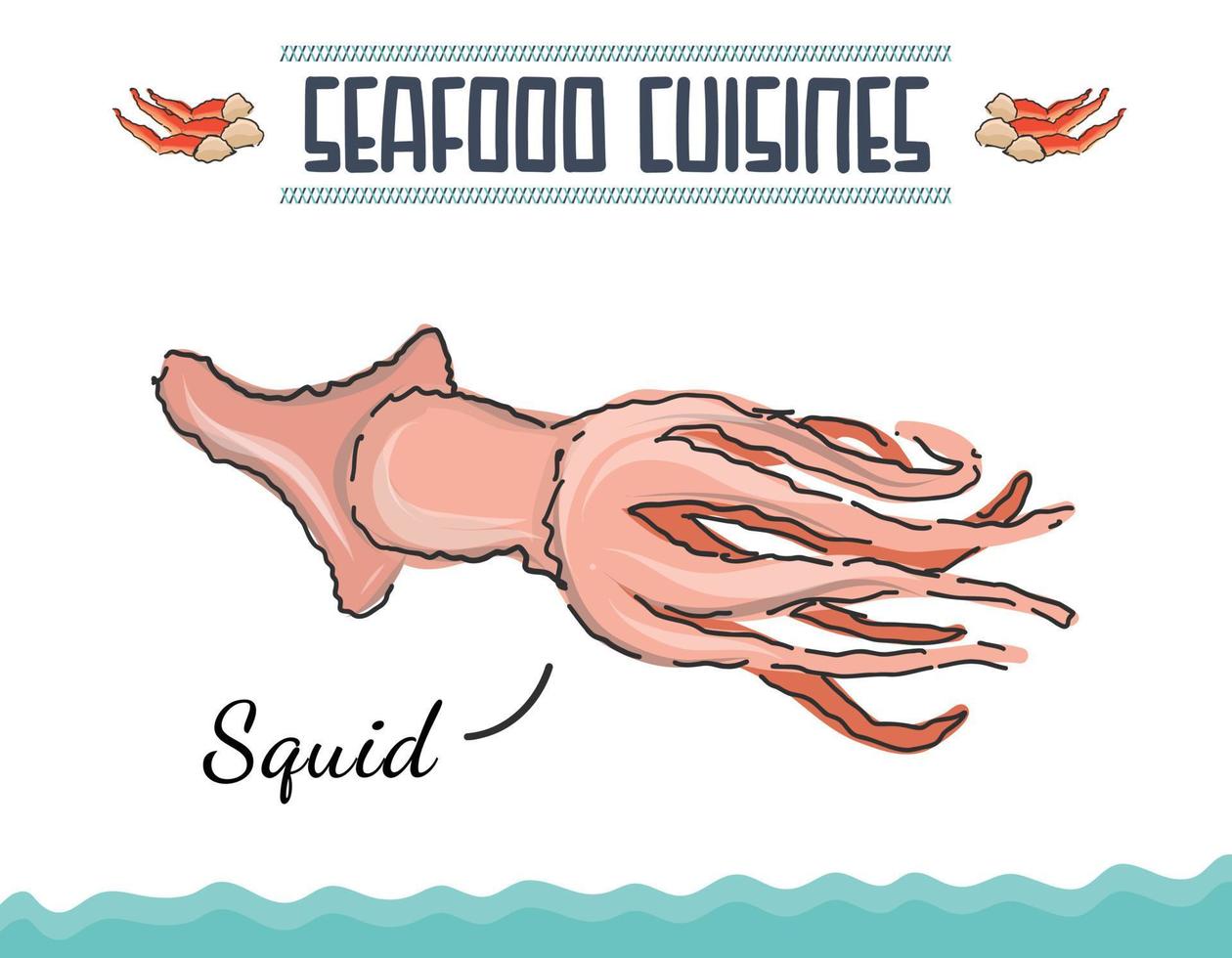 illustrazione di calamari stile scarabocchiato. calamari di mare animale di mare con tentacoli stile disegnato a mano del fumetto. vettore di frutti di mare di calamari e illustrazione animale dell'oceano. illustrazione vettoriale isolato stile scarabocchiato.