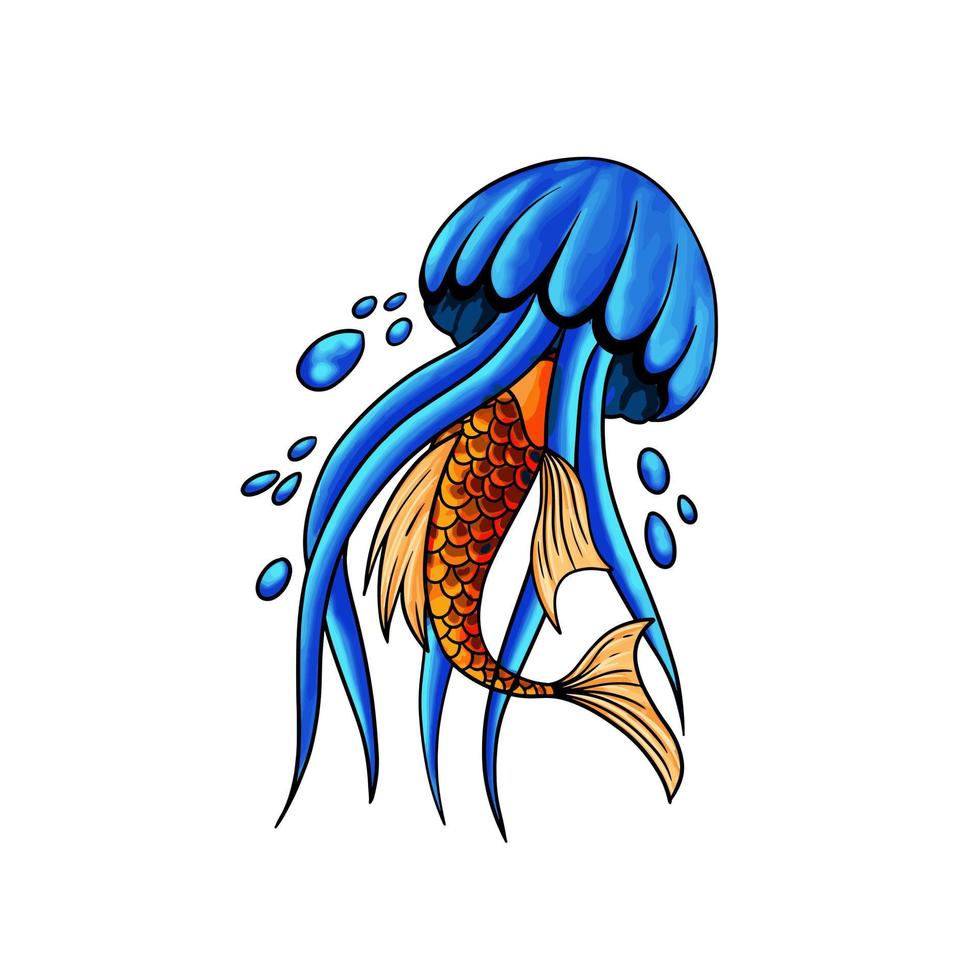 medusa blu illustrazione design pesce koi ornamento vettore stock
