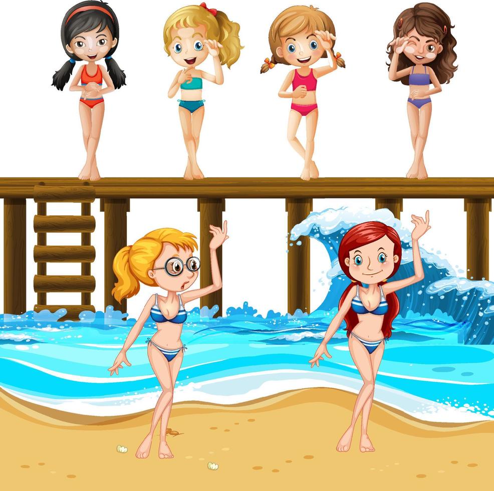 ragazze carine in costume da bagno in spiaggia vettore