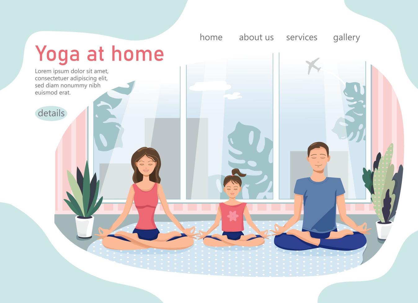 yoga a casa con tutta la famiglia. famiglia felice che fa yoga in un accogliente interno moderno. illustrazione vettoriale in stile piatto.