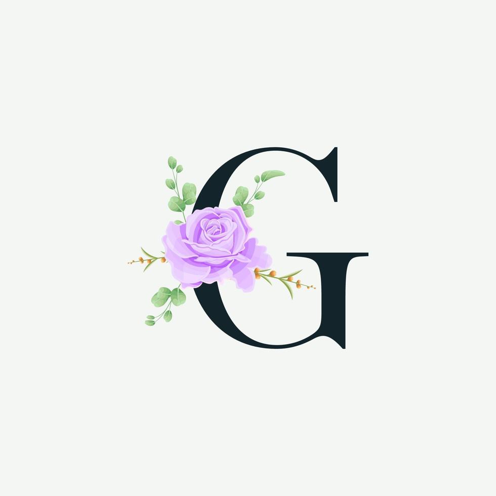 bellissimo alfabeto g con modello di decorazione logo floreale. carattere di lusso con foglie verdi emblema illustrazione botanica vettoriale. vettore