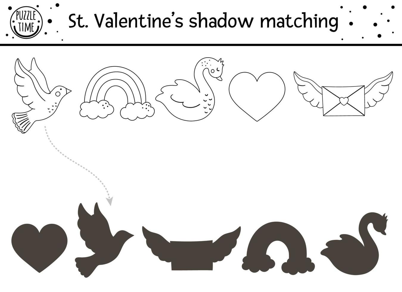 attività di corrispondenza ombra in bianco e nero di san valentino per i bambini. divertente puzzle di contorno con simpatici simboli di vacanza. gioco educativo di contorno con tema d'amore. trova il foglio di lavoro della sagoma corretto. vettore