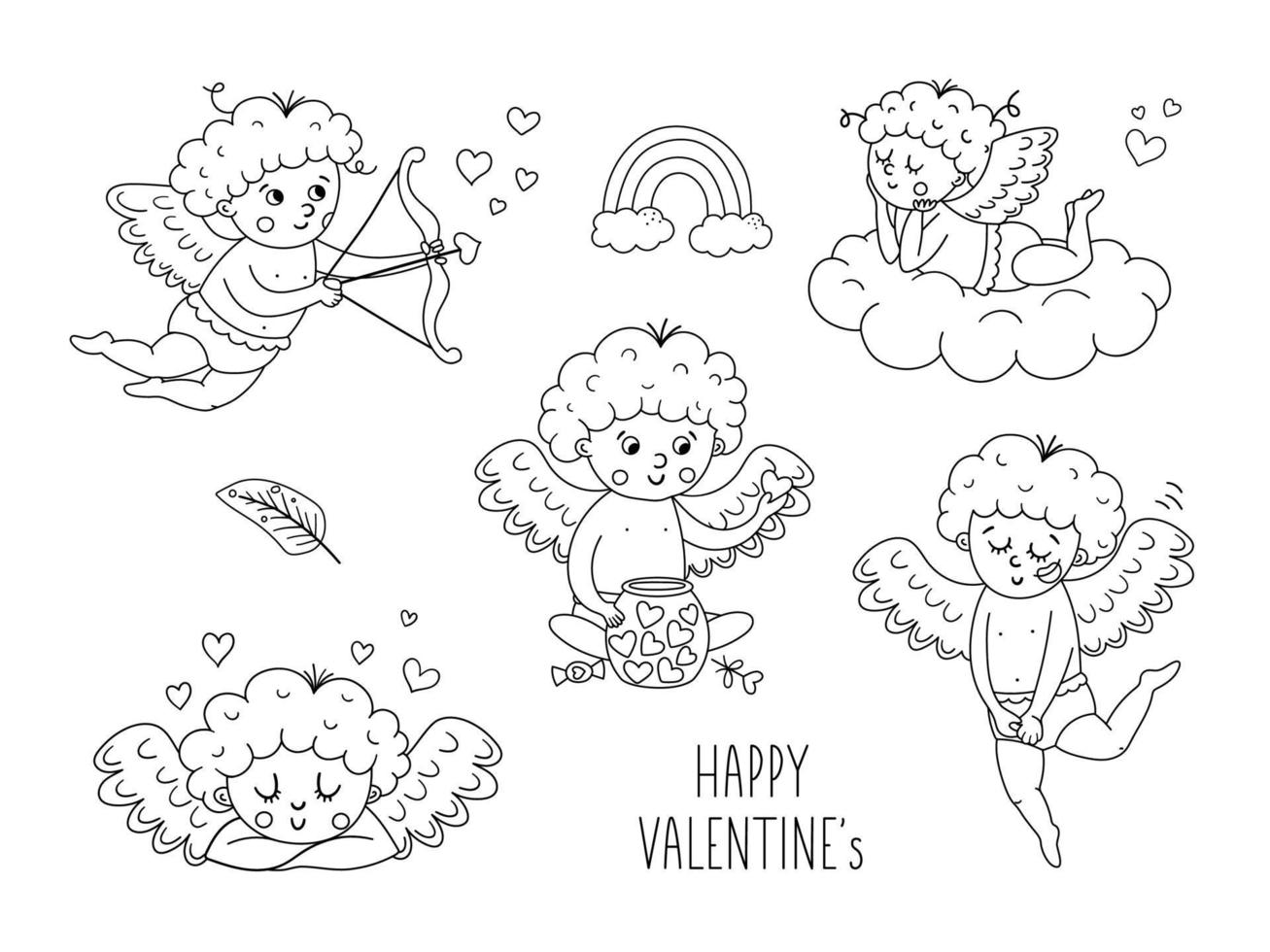 raccolta vettoriale di simpatici amorini in bianco e nero. set con personaggi divertenti del giorno di San Valentino. line art angeli d'amore con ali, arco e frecce, sdraiati su una nuvola. pacchetto di cherubini giocosi