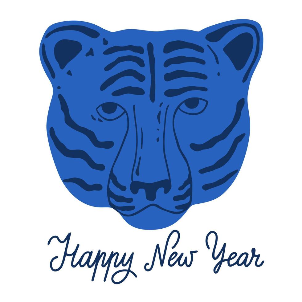 illustrazione vettoriale faccia di tigre blu con testo di felice anno nuovo. biglietto di auguri con testa di animale selvatico e calligrafia. design per le vacanze per poster, banner, adesivi, annunci.