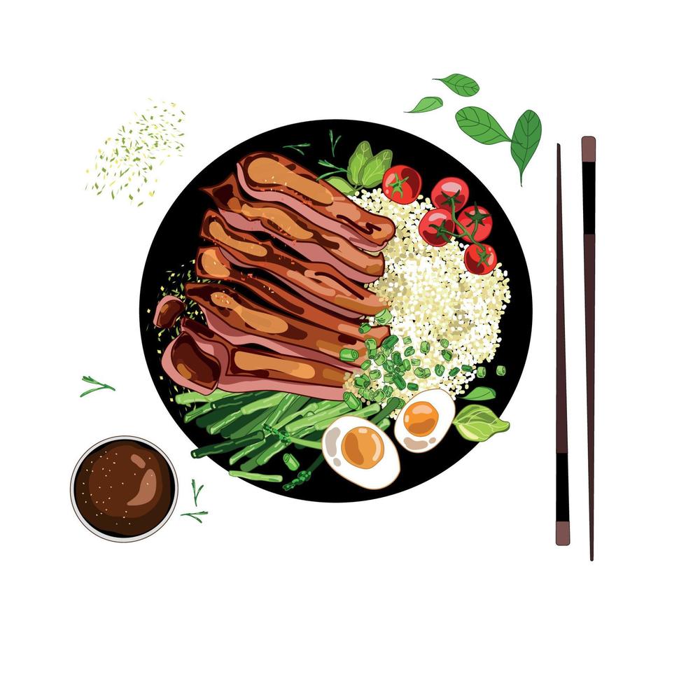 Teriyaki bistecca di carne ciotola di riso con un ramo di pomodori, uova e asparagi, vista dall'alto, disegno a mano in stile cartone animato realistico, isolato su sfondo bianco.cibo asiatico.illustrazione vettoriale