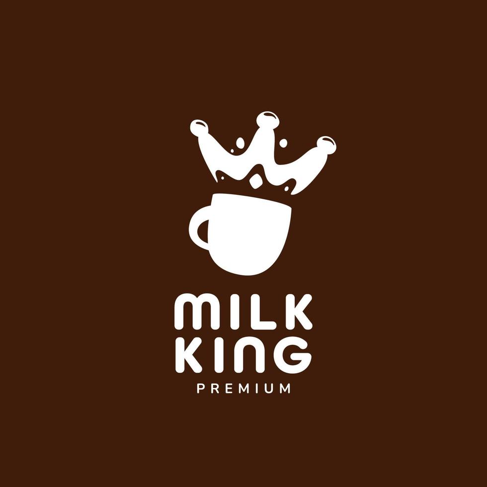 logo del re del latte al cioccolato. tazza della tazza della bevanda del latte con spruzzata nell'illustrazione dell'icona del logo di forma della corona del re vettore