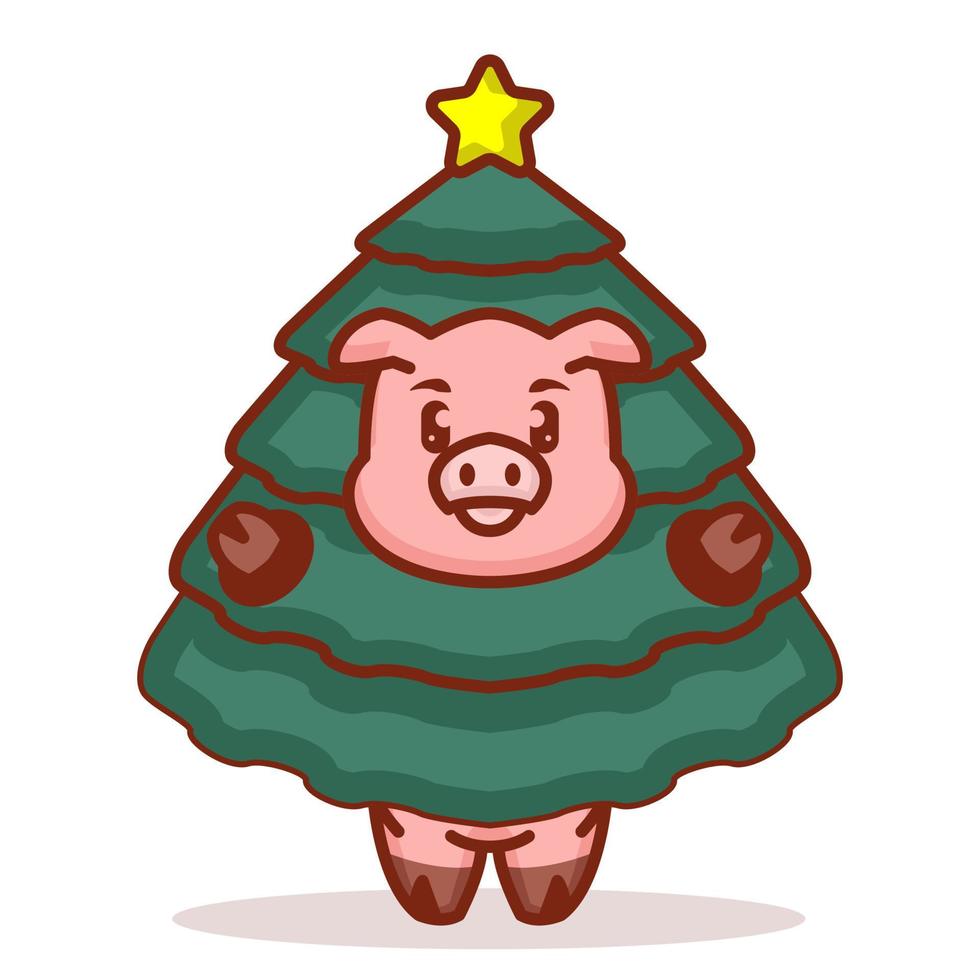 simpatico maialino in costume da albero di natale vettore