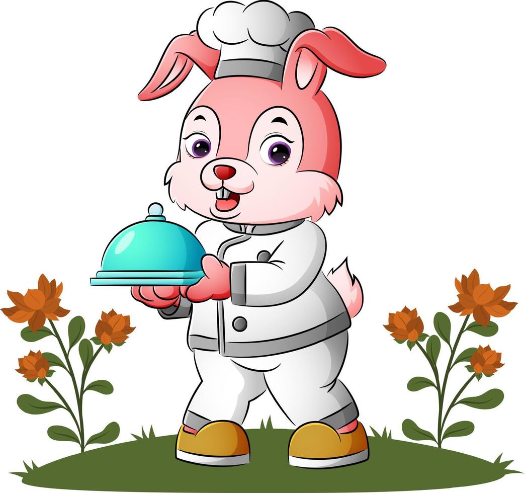 il simpatico chef coniglio tiene in mano un alimento con coperchio mobile vettore