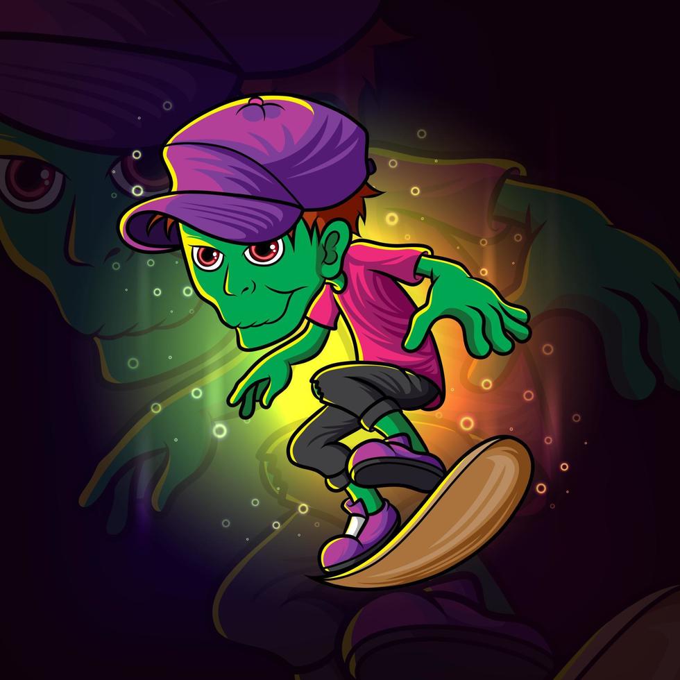 il simpatico zombi interpreta il design della mascotte esport dello skateboard vettore