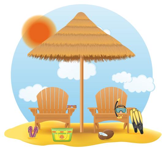 beach chair lounger sdraio in legno e ombrello fatta di paglia e canna illustrazione vettoriale