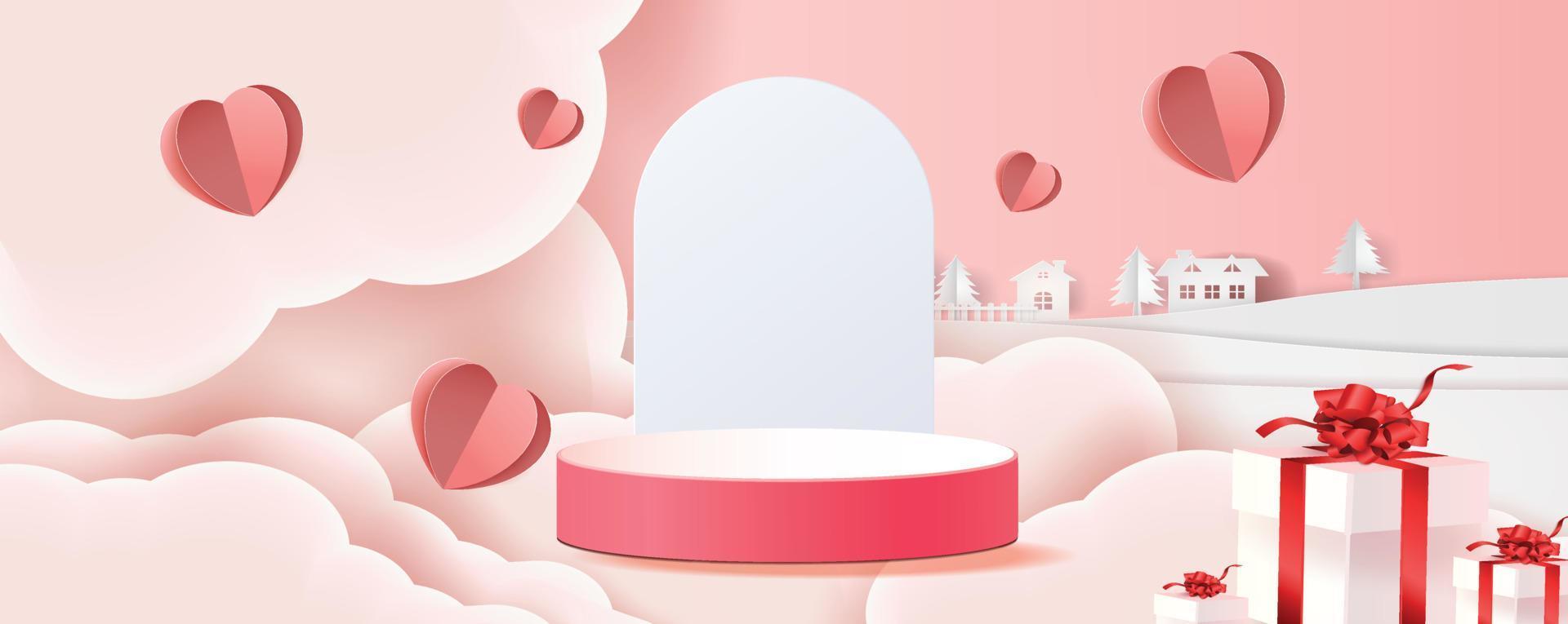 Fondo rosso del prodotto del podio 3d per la bandiera della decorazione di illustation di vettore di progettazione di concetto di romanticismo di amore di valentine.pink e del cuore