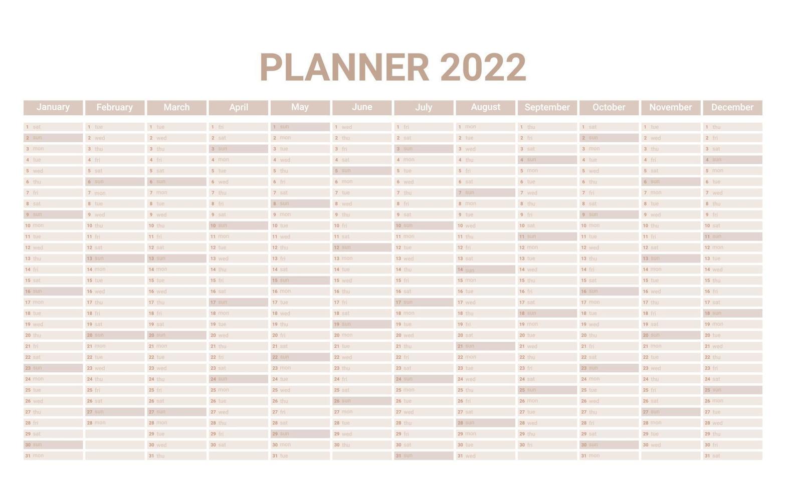 planner calendario inglese dell'anno 2022, calendario modello con 12 mesi verticali su una pagina. organizer da parete, modello di pianificatore annuale. illustrazione vettoriale