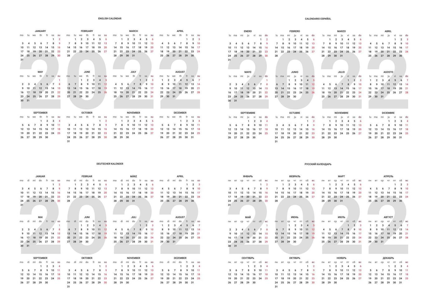 calendario dell'anno 2022 in inglese, spagnolo, russo, tedesco, calendario. illustrazione vettoriale