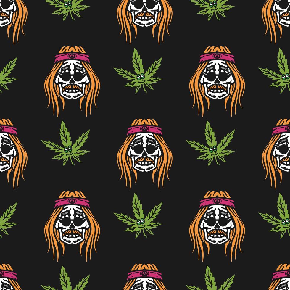 hippie maschio teschio e foglia di cannabis carattere seamless pattern su sfondo nero vettore
