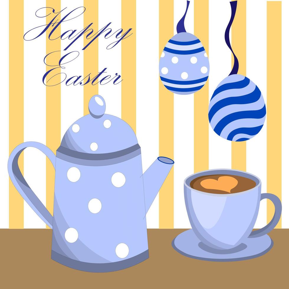 Buona Pasqua. carta di pasqua - teiera con caffè con tazza sul piattino di colore blu era sul tavolo. palline di vetro a forma di uova con fiocco. congratulazioni per pasqua e primavera. Ciao Primavera vettore