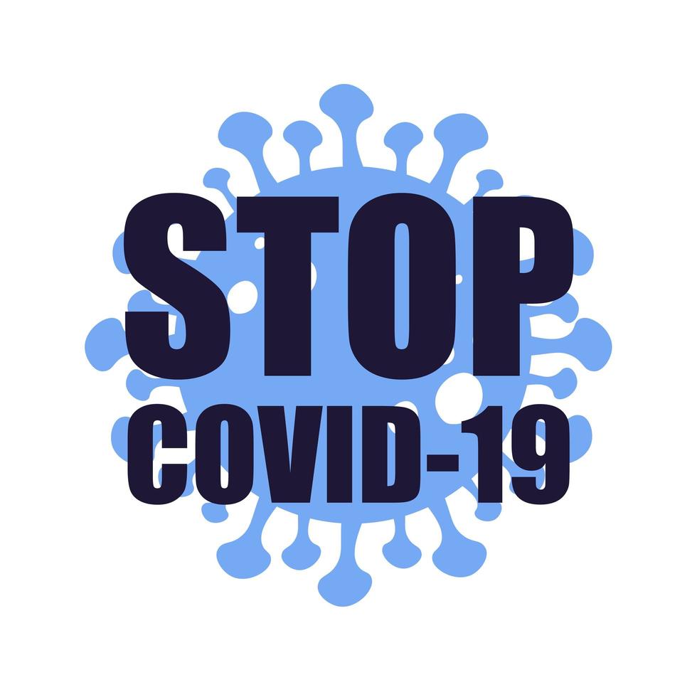 ferma il segno del coronavirus covid-19. ferma il testo covid-19 con l'icona del virus corona. illustrazione vettoriale. piatto. vettore