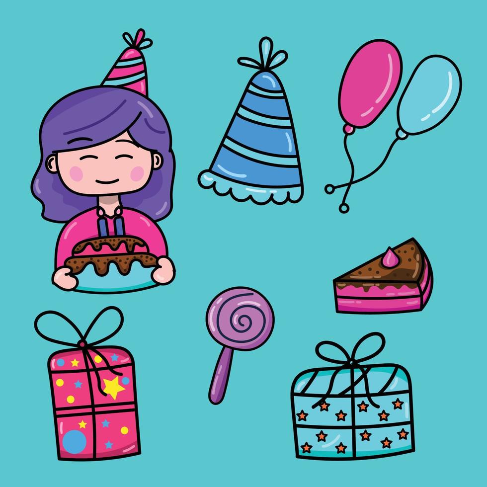 set pacchetto di adesivi per feste di compleanno disegnati a mano vector