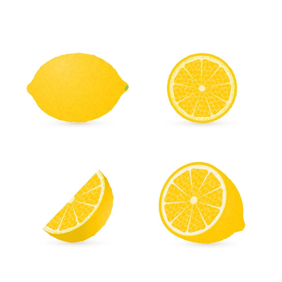 set di quattro limoni freschi diversi punti di vista interi, metà, fetta, cono. agrumi organici naturali isolati su bianco. Illustrazione realistica di vettore del limone 3d.