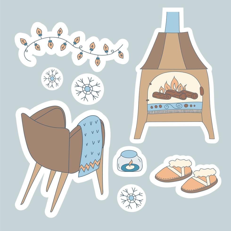 scarabocchio set hygge inverno. poltrona accogliente lineare, ugg boots, caminetto, candela accesa e ghirlanda di lanterne. illustrazione vettoriale in stile scandinavo e nordico. disegno a mano e adesivo