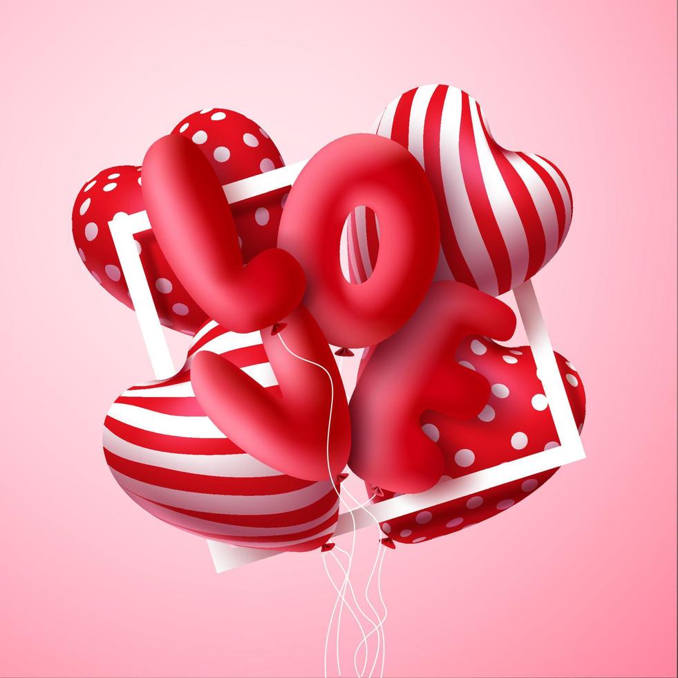 disegno di concetto di vettore di San Valentino. buon san valentino testo con amore e cuore 3d realistico palloncino e bolle elemento galleggiante per la celebrazione di san valentino. illustrazione vettoriale