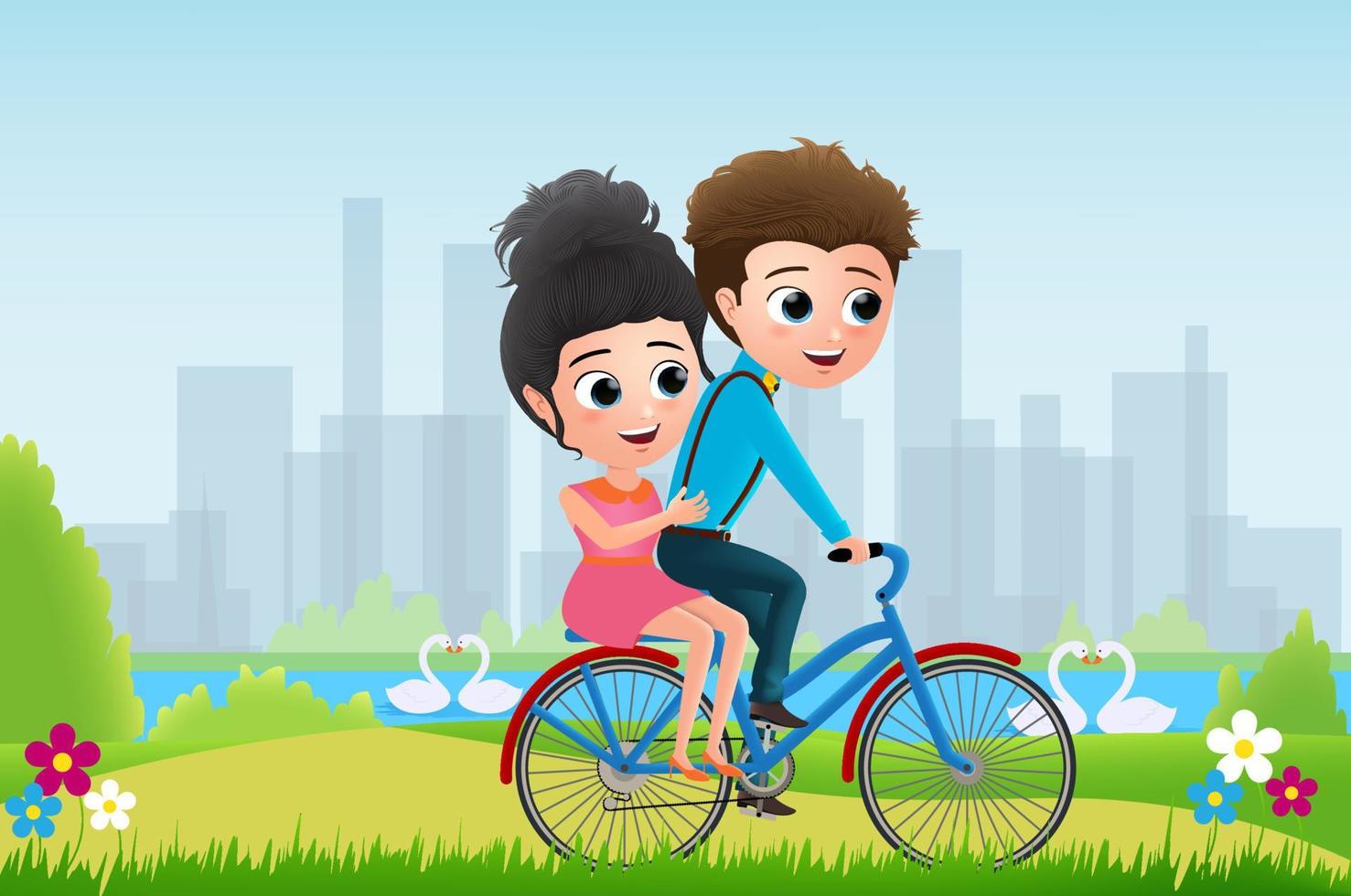 concetto di caratteri vettoriali in bicicletta per San Valentino. san valentino coppia incontri e passeggiate in bicicletta sullo sfondo del parco. illustrazione vettoriale.