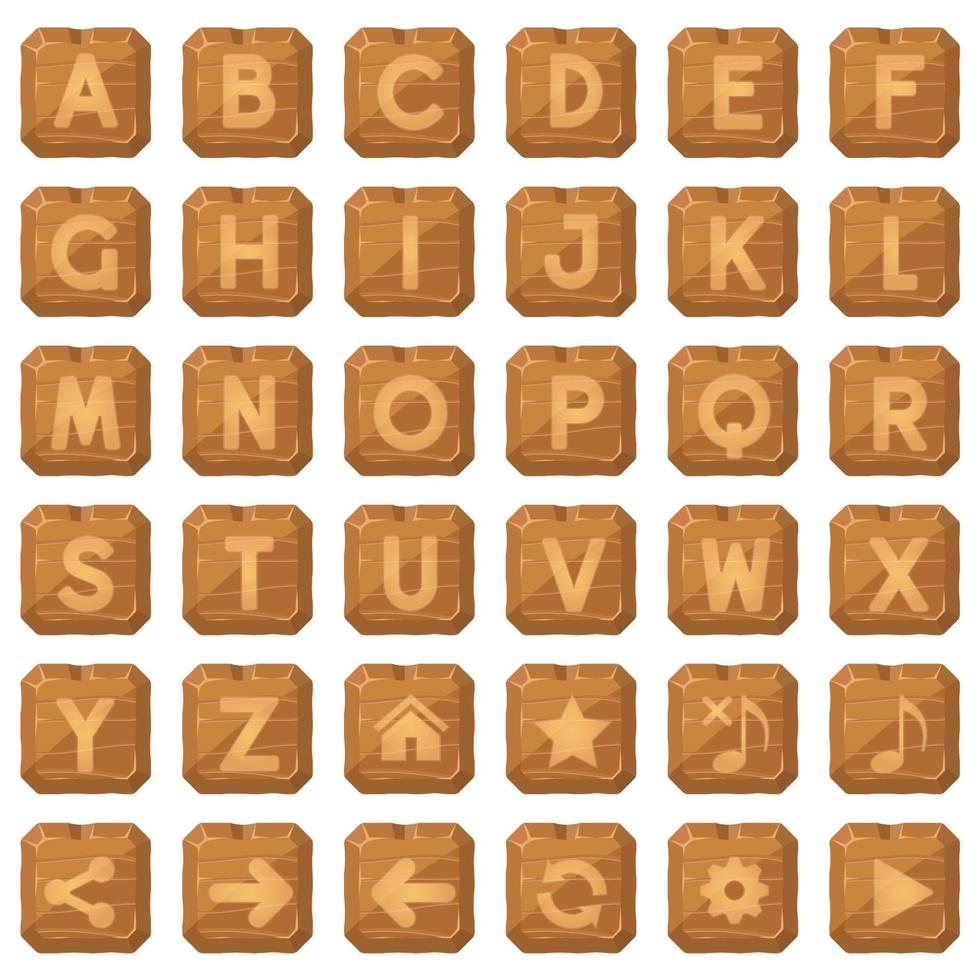 bottoni quadrati in legno per il gioco di parole dell'alfabeto dalla a alla z. vettore