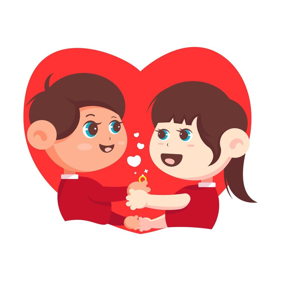 coppia di innamorati che tiene l'anello di fidanzamento, buon San Valentino, illustrazione del personaggio dei cartoni animati vettore