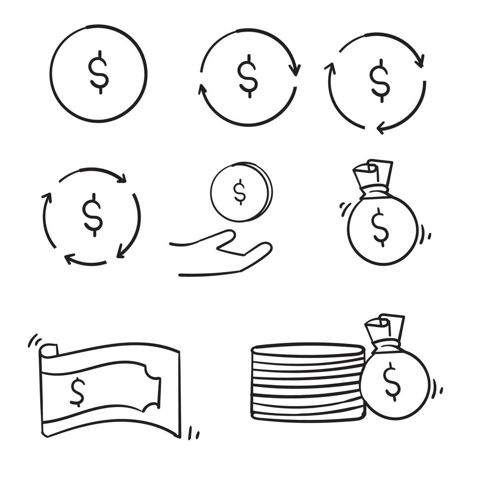 scarabocchiare le icone della linea dei soldi impostate lo stile disegnato a mano dell'illustrazione di vettore