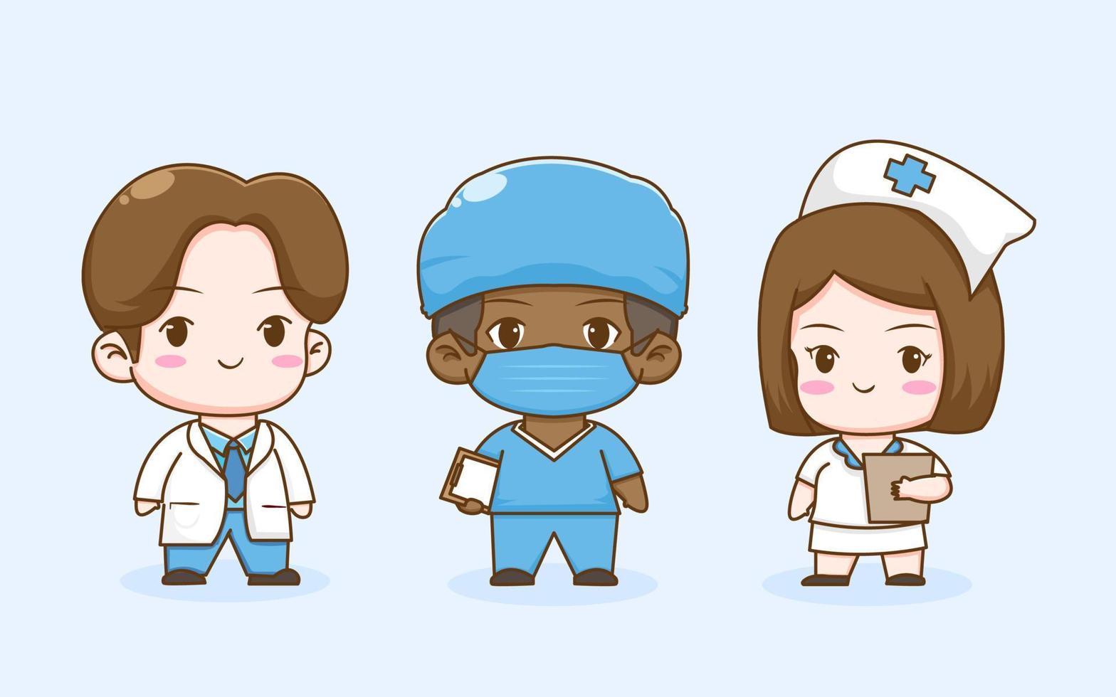 impostare il personaggio dei cartoni animati di chibi dell'équipe medica vettore