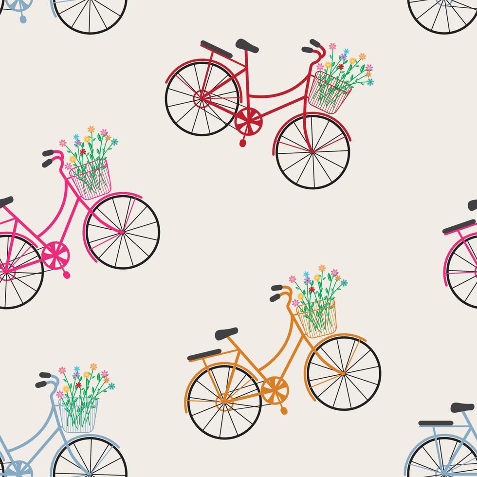 modello senza soluzione di continuità. biciclette, fiori con bei colori, nel cestino. vettore, illustrazione. vettore