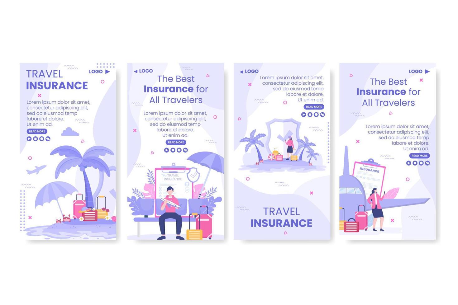 illustrazione di design piatto modello di storie di assicurazione di viaggio modificabile di sfondo quadrato per social media, biglietto di auguri o internet web vettore