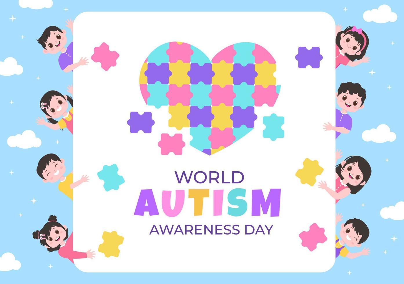 giornata mondiale della sensibilizzazione sull'autismo con simpatici personaggi bambini e una mano di pezzi di puzzle adatti per biglietti di auguri, poster o striscioni in design piatto illustrazione vettore