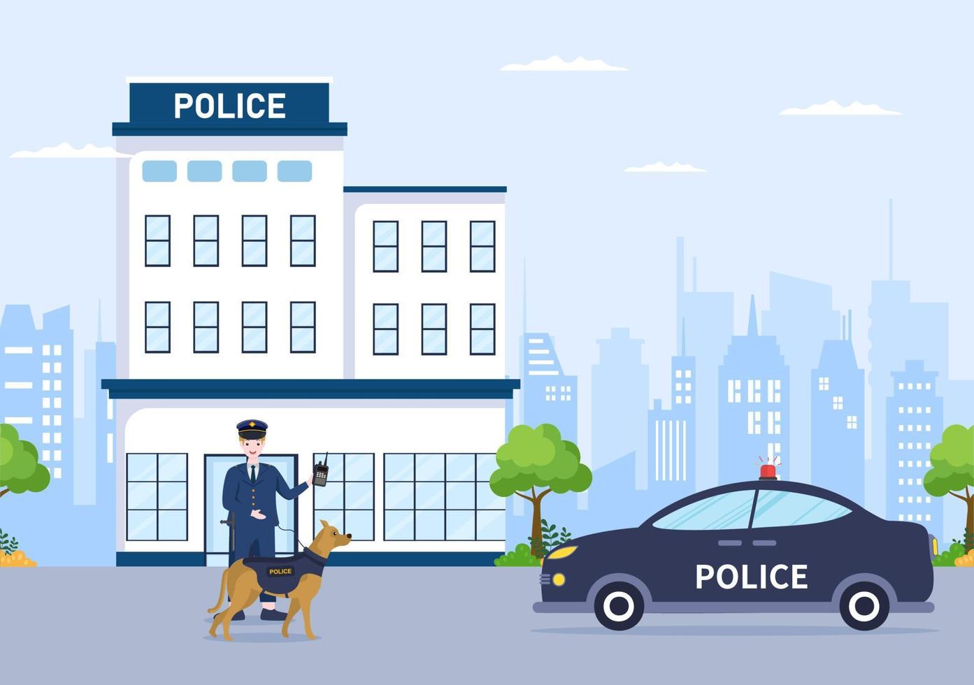 edificio del dipartimento della stazione di polizia con il poliziotto e l'auto della polizia in illustrazione di sfondo stile piatto vettore