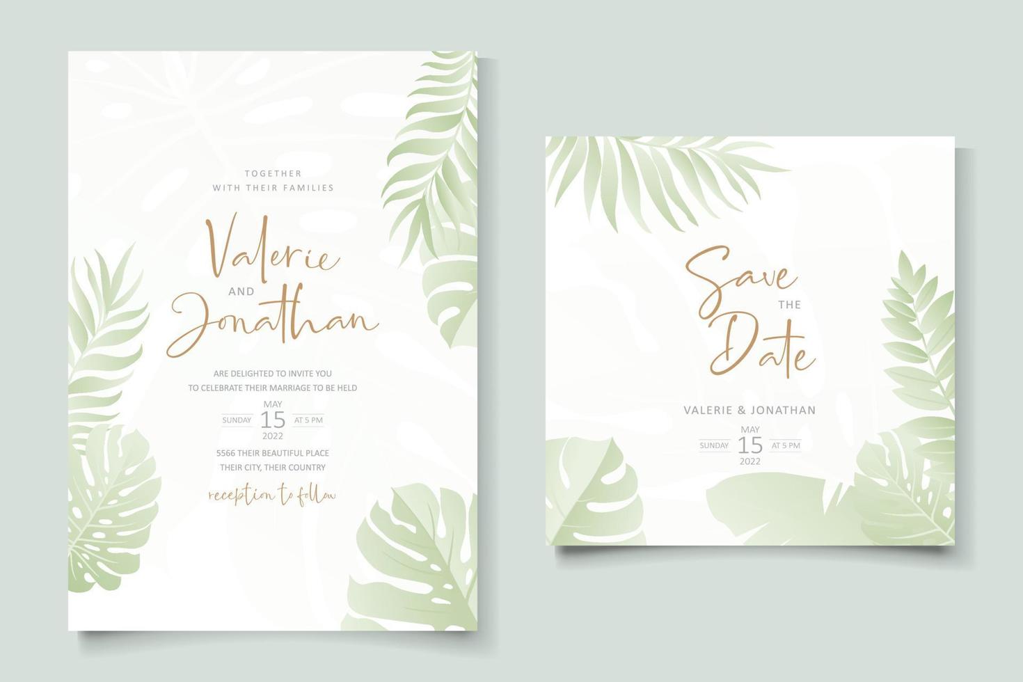 design della carta di matrimonio estivo con ornamento di foglie tropicali vettore