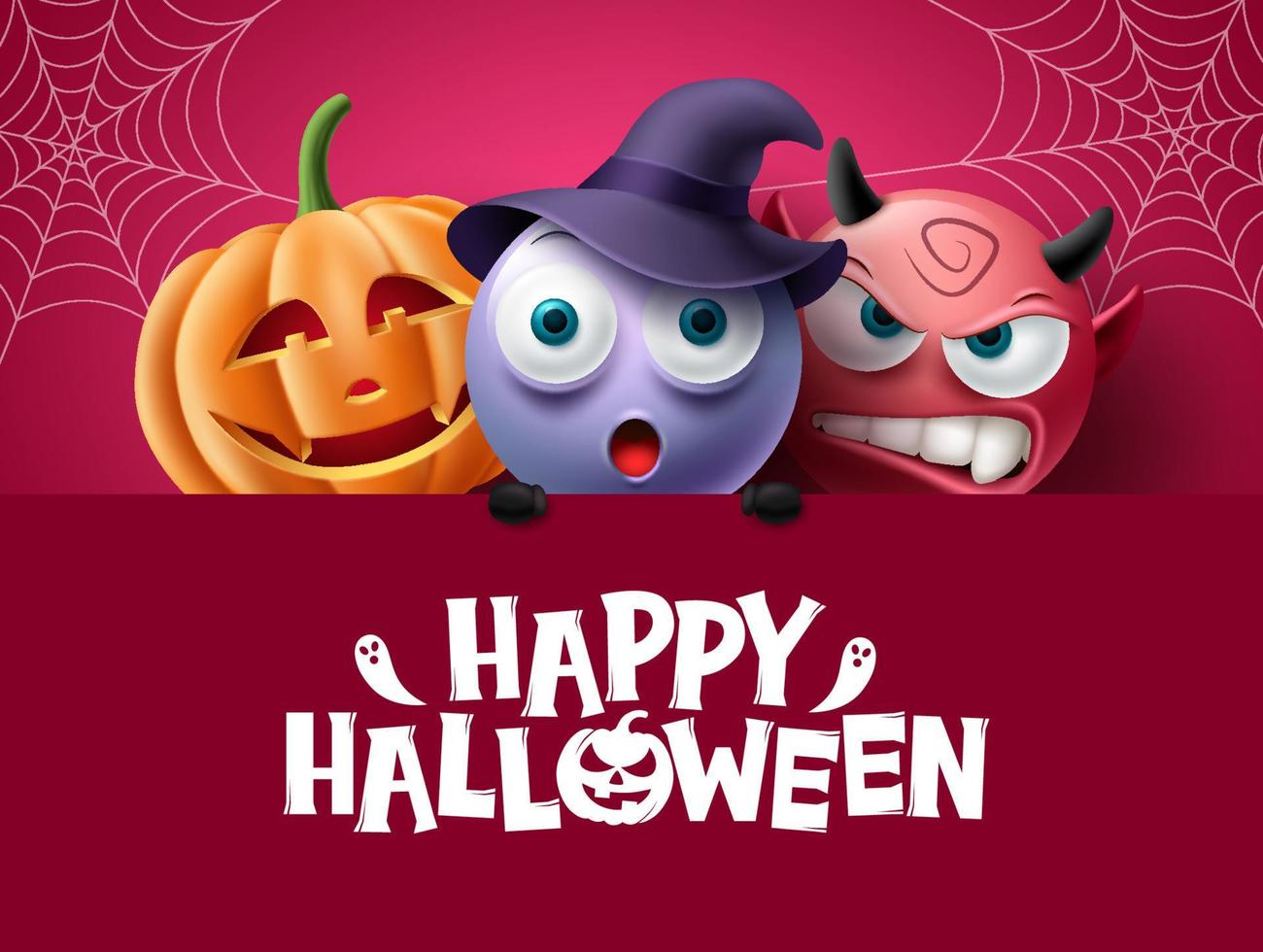 disegno di sfondo dei personaggi di halloween. testo di halloween felice nello spazio rosso con personaggi inquietanti, spettrali e spaventosi per la decorazione di feste horror. illustrazione vettoriale. vettore