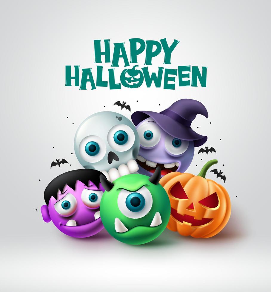 disegno vettoriale di carattere di halloween. testo di halloween felice con sfondo di personaggi horror di zucca spaventosa, teschio, strega e ciclope. illustrazione vettoriale.