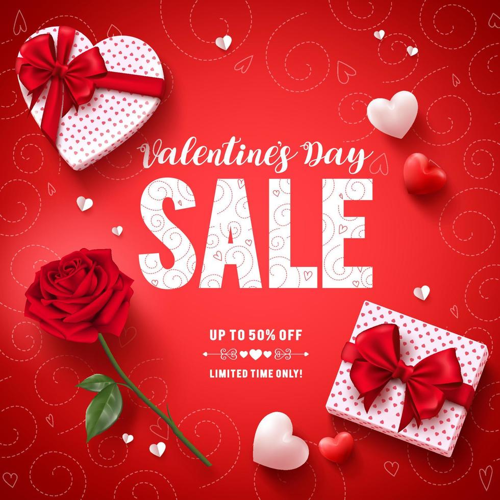 San Valentino vendita testo vettoriale banner design con doni d'amore, rose e cuori in sfondo rosso per la promozione dello sconto di San Valentino. illustrazione vettoriale.