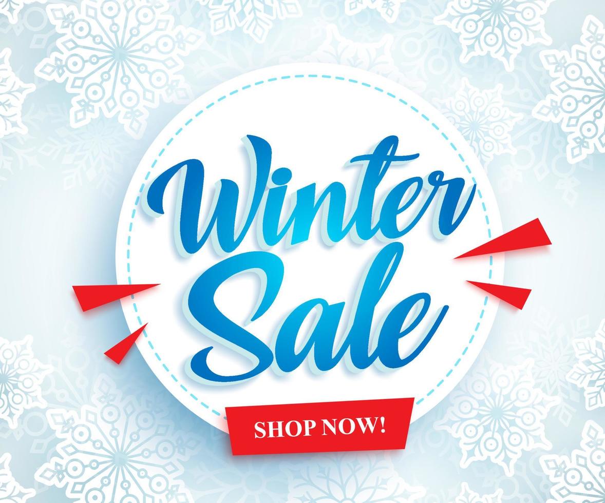 disegno di banner vettoriale vendita invernale con cerchio bianco e testo tipografia vendita blu sullo sfondo della neve per la promozione della stagione. illustrazione vettoriale.