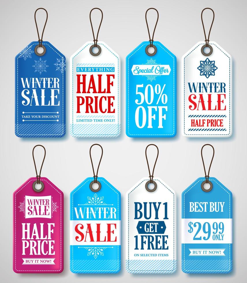 tag di vendita invernale impostati per le promozioni del negozio di stagione con etichette appese sullo sfondo con i colori blu e bianco. illustrazione vettoriale. vettore