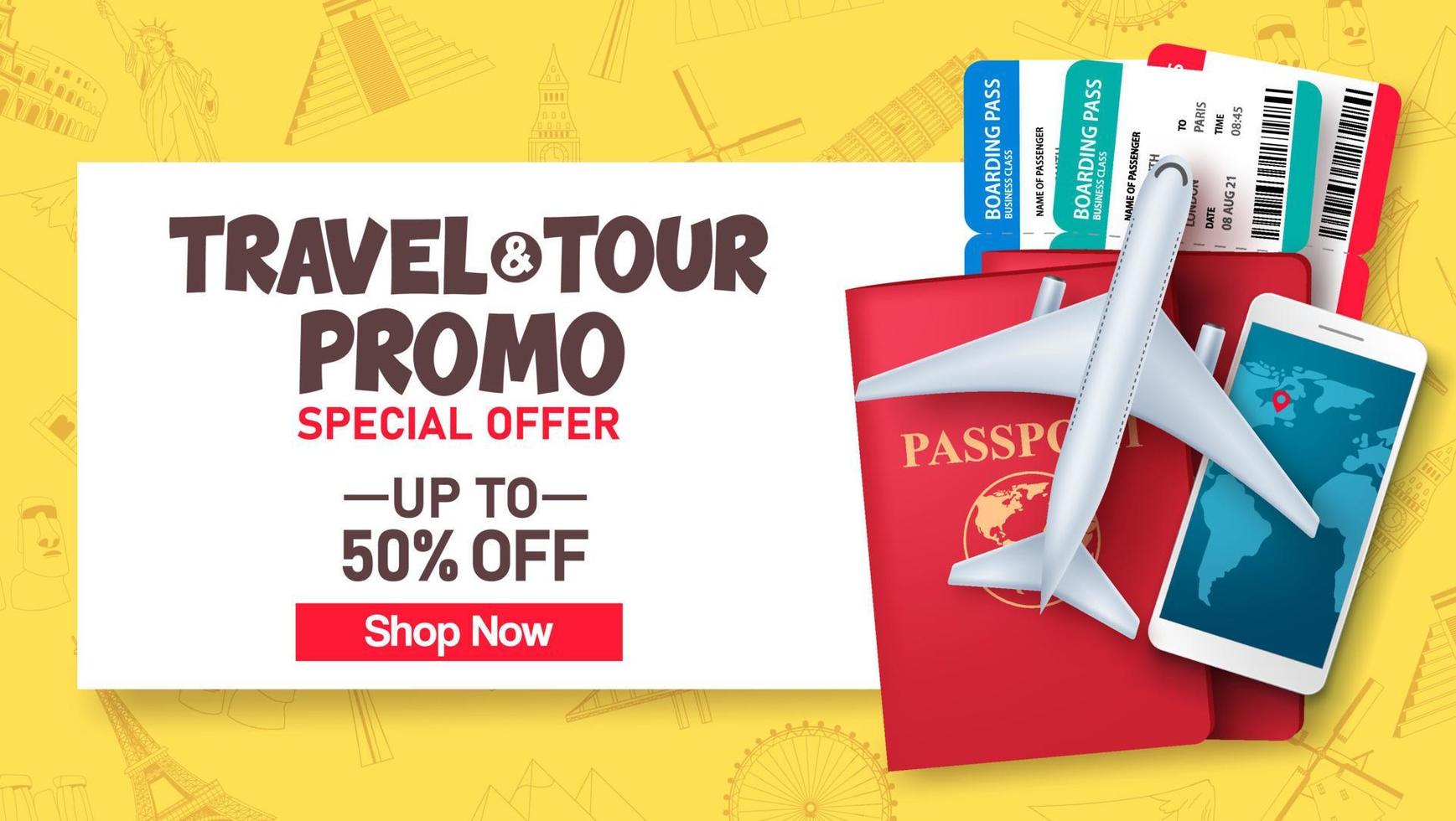 modello di banner vettoriale promozionale di viaggi e tour. offerta online di vendita di viaggi in uno spazio bianco per il testo promozionale.