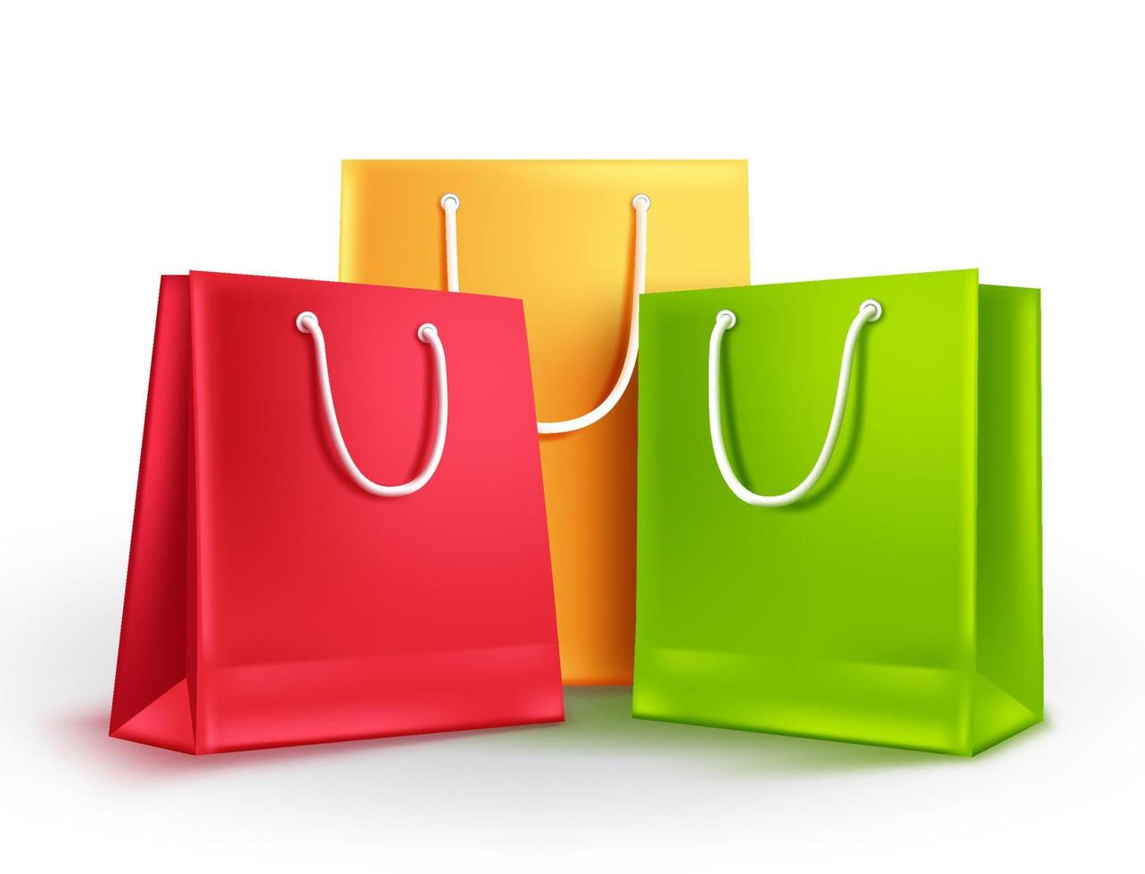 borse della spesa per illustrazione vettoriale di moda e abbigliamento. gruppo colorato di sacchetti di carta vuoti isolati in bianco per la promozione dello shopping e delle vendite.