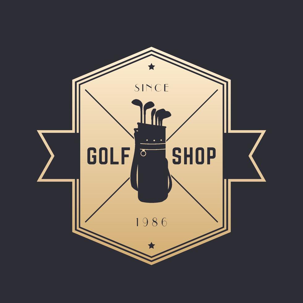 negozio di golf, emblema vintage, logo vettoriale su sfondo scuro