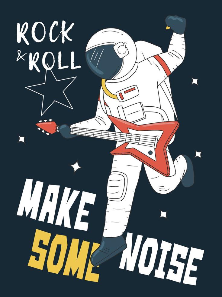 astronauta che suona la chitarra nello spazio. rock and roll vettore