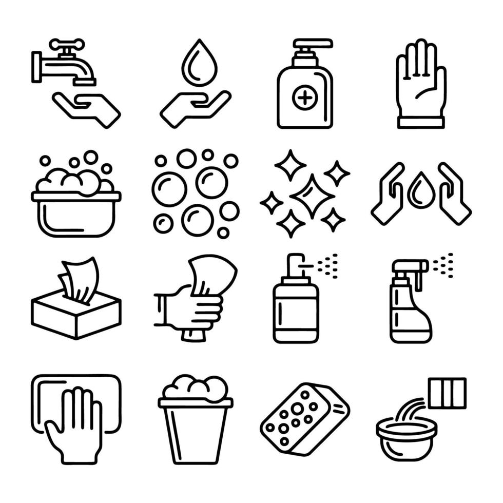 semplice set di icone delle linee vettoriali relative alla disinfezione e alla pulizia. contiene icone come uomo nella suite protettiva per la disinfezione, disinfettante, spray e altro