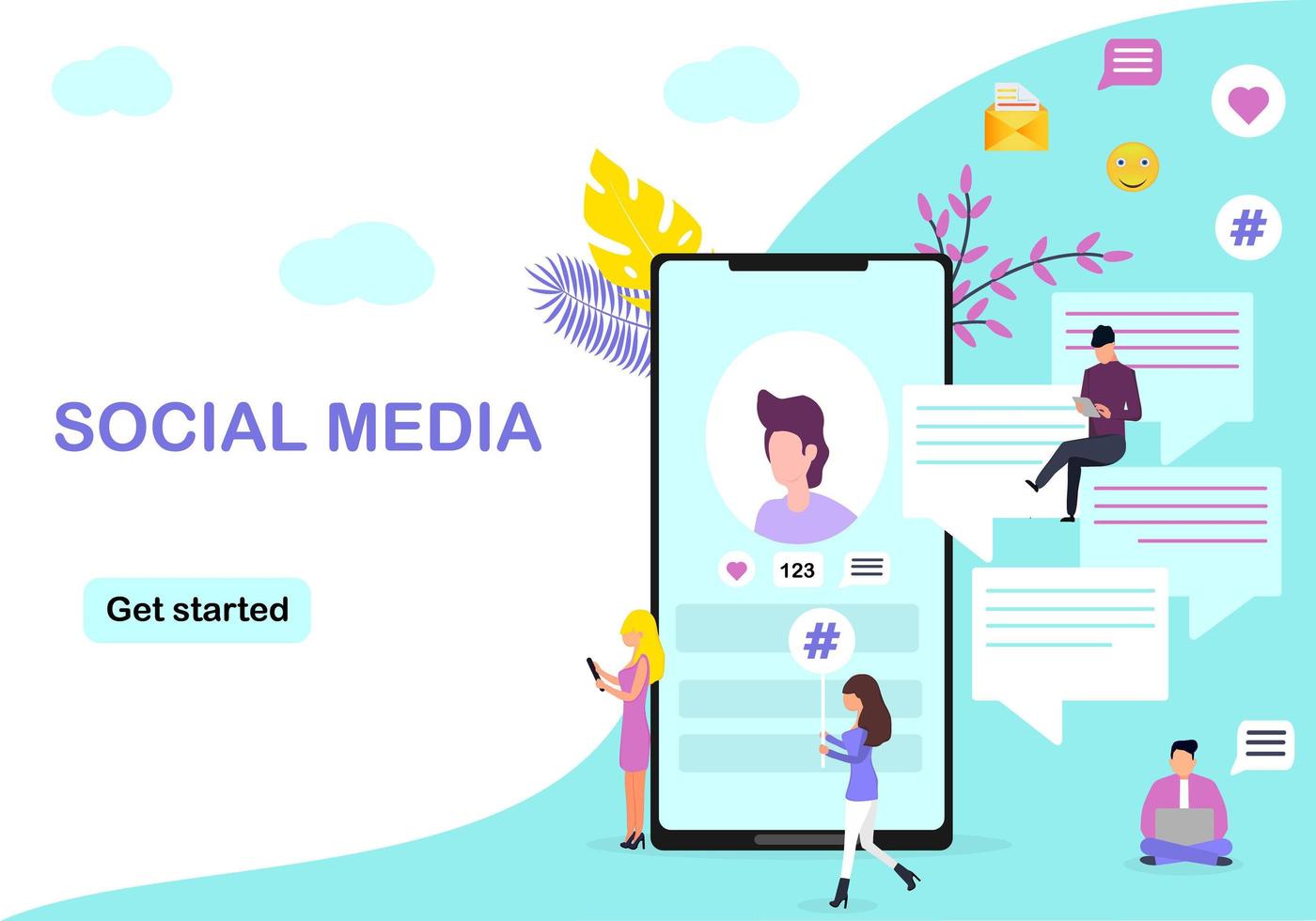 gruppo di persone sui social media con hashtag, le persone aggiungono più follower con hashtag, social media marketing, possono utilizzare per, landing page, modello, interfaccia utente, web, sfondo, poster, banner, volantino vettore