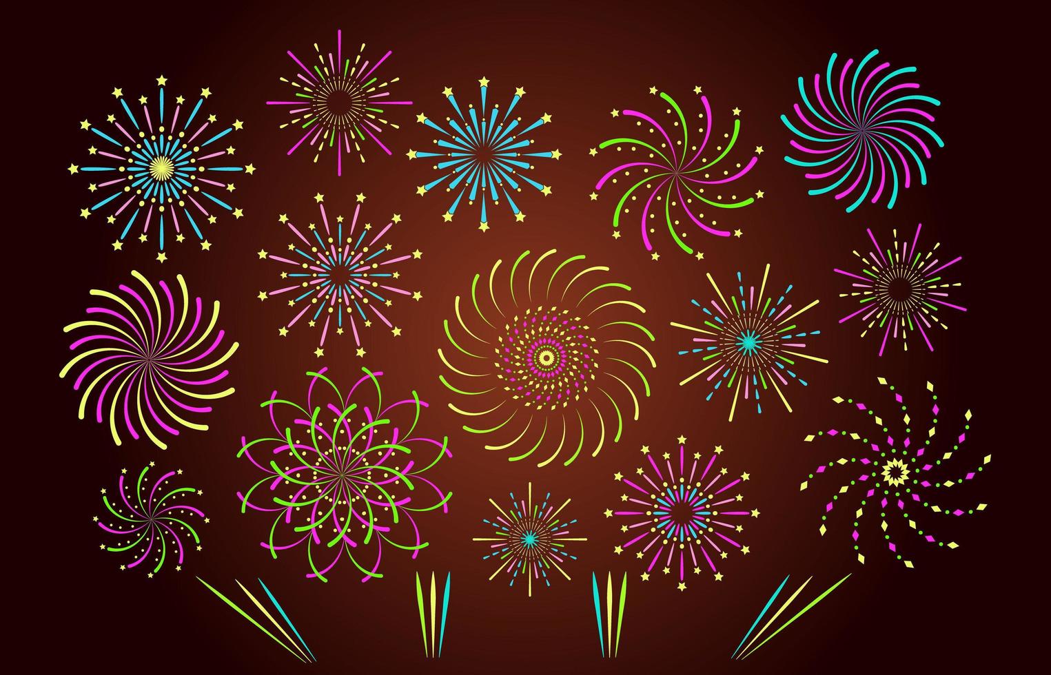 fuochi d'artificio o fuochi d'artificio su sfondo marrone scuro. petardo a spirale colorato con scintillii vettore