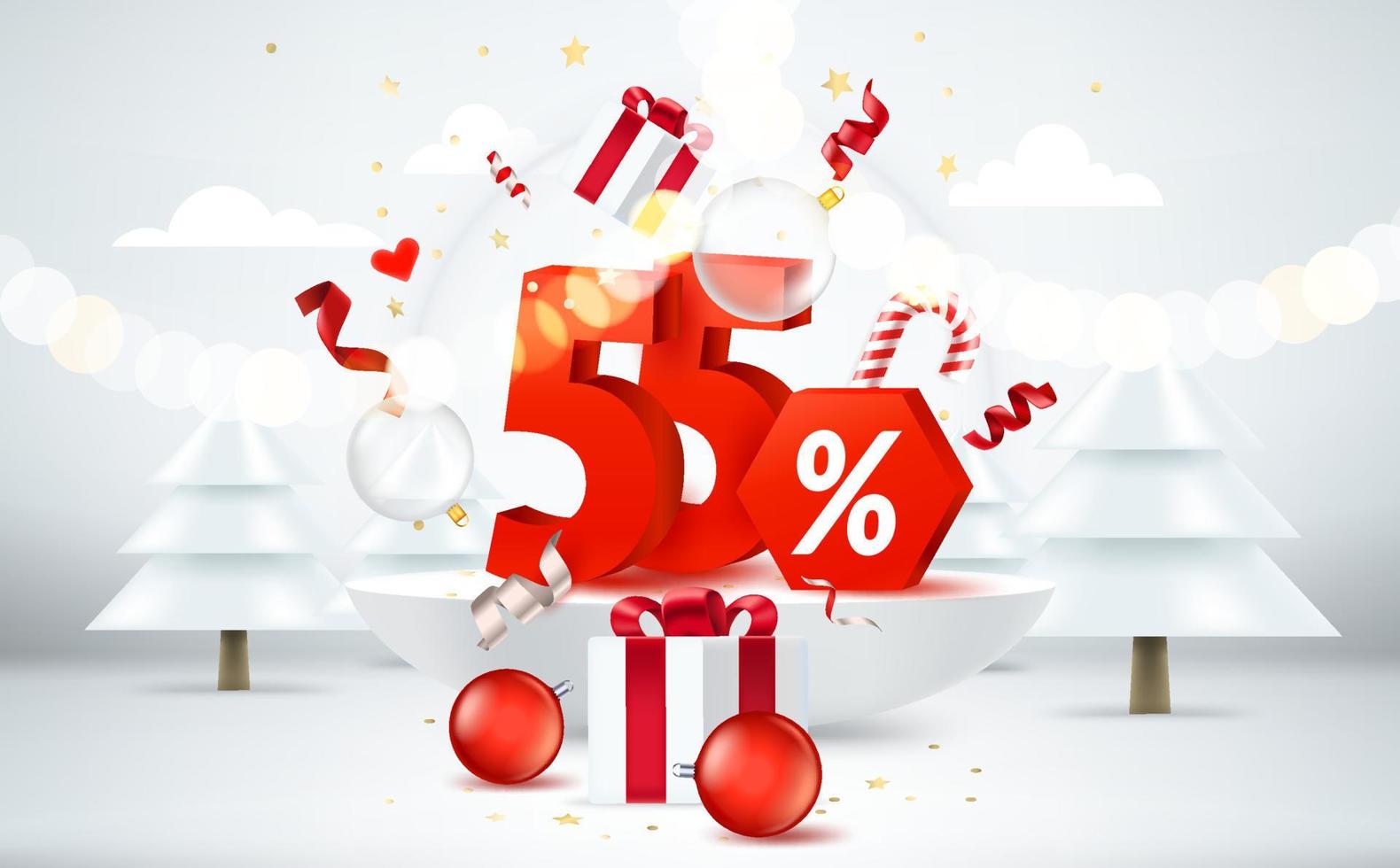 cinquantacinque per cento di sconto di natale. bandiera di vendita di stagione. stanza luminosa con elementi natalizi e cifre. Banner vettoriale in stile 3d