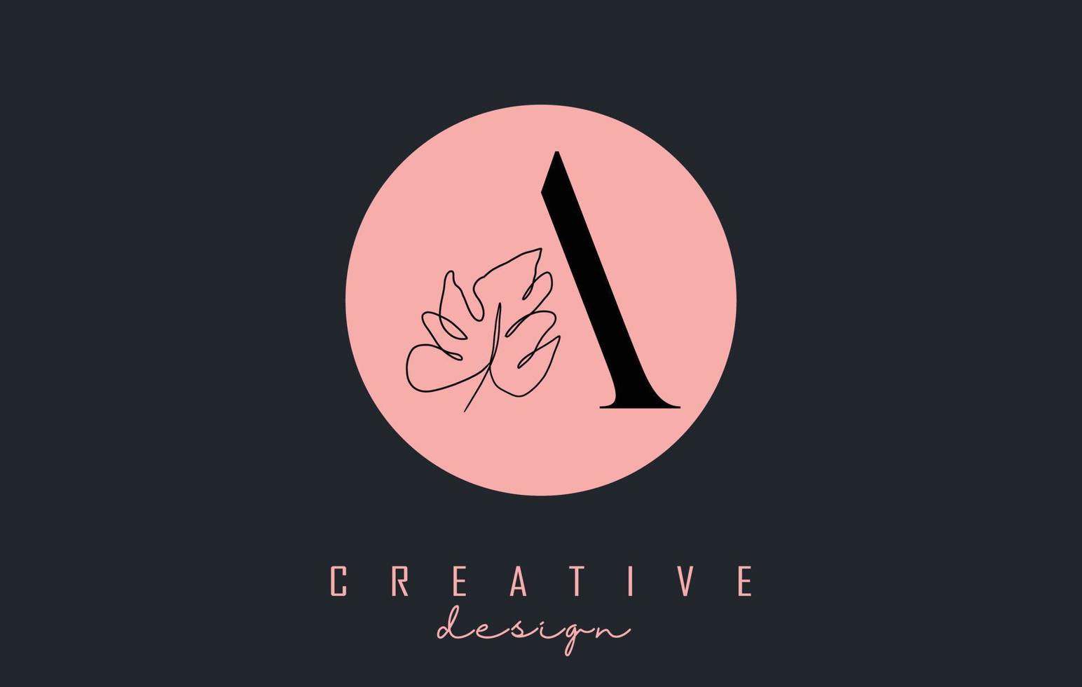 una lettera logo design con foglia di monstera un disegno a tratteggio su un cerchio rosa sfondo illustrazione vettoriale. vettore
