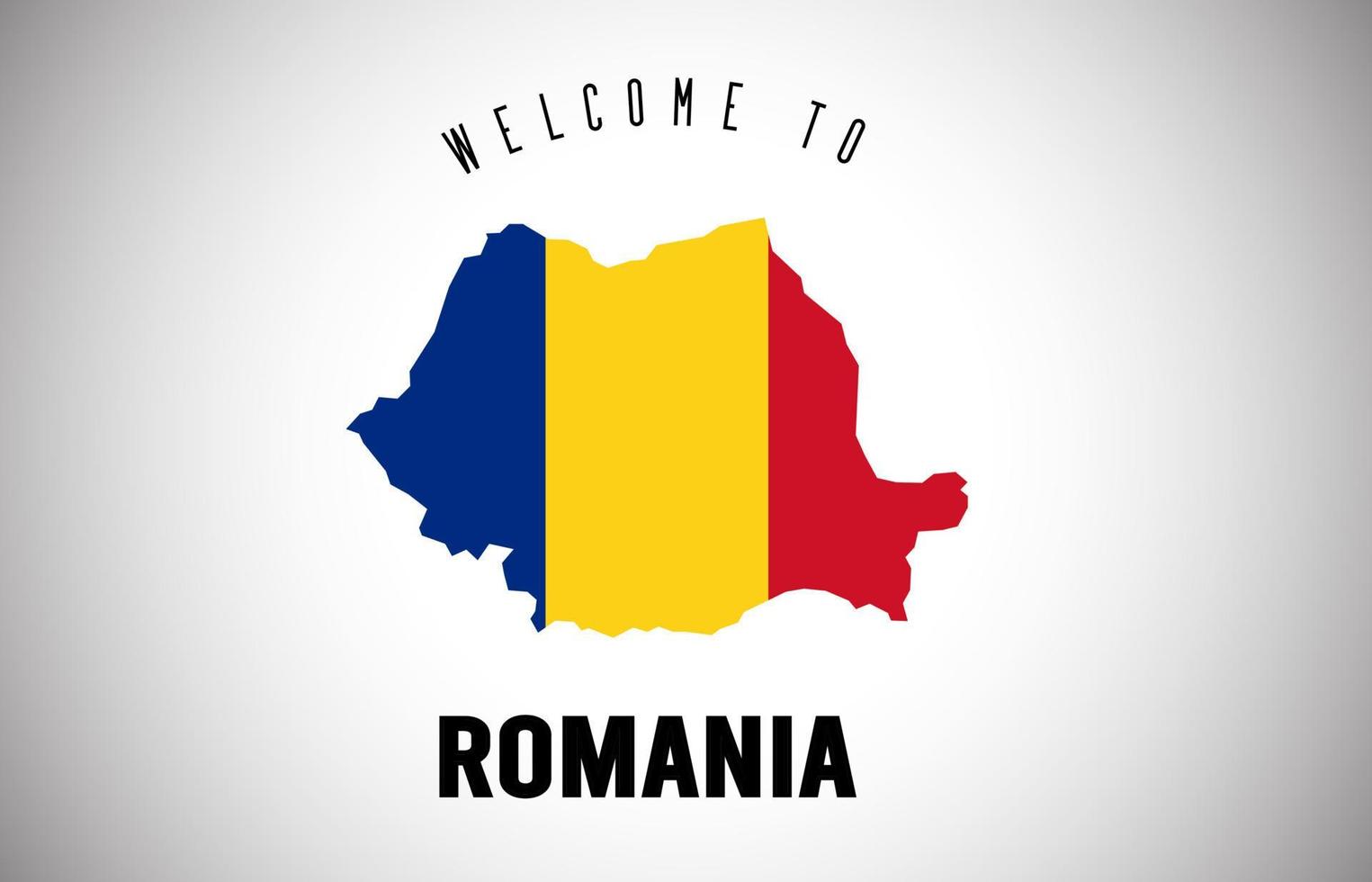 Romania benvenuto al testo e alla bandiera del paese all'interno del disegno vettoriale della mappa del confine del paese.